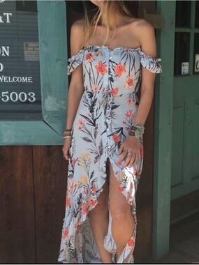Floral Off-Shoulder High-Low Maxi Dress in Light Blue